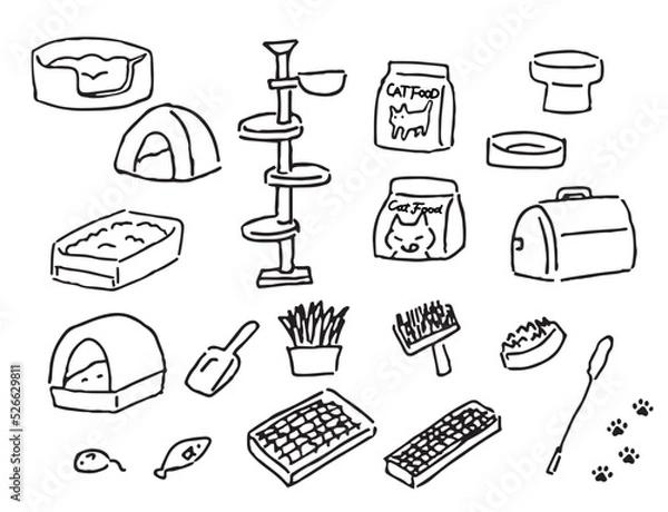 Fototapeta 猫用品　猫トイレ・キャットタワー・猫用ベッド　手描き線画素材セット