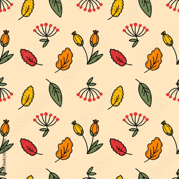 Obraz Seamless autumn background for sewing clothes and printing on fabric. Endless wallpaper. Vector doodle illustration. Leaf fall.