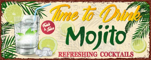 Obraz Time for Mojito metal sign. Vector illustration of cocktail.