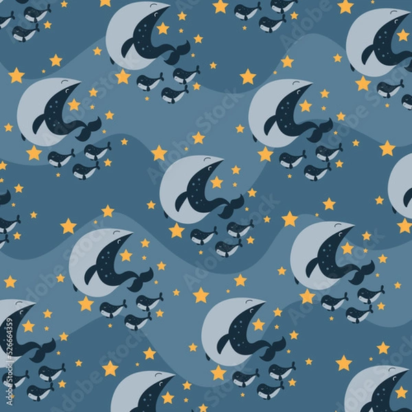 Fototapeta whale family pattern swimming in the sky with stars