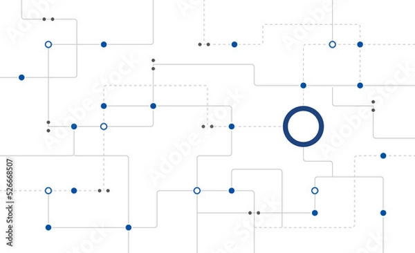 Fototapeta Technology circuit board system connected dots and lines background template. Network blockchain linked global digital database graphic vector.	