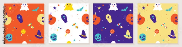 Fototapeta Cute Happy Halloween cartoon seamless pattern vector violet background ghost, skull, pumpkin, jack o lantern, bat, black cat, spider web, candlestick, lollipop candy, coffin, witch hat, boo, moon set