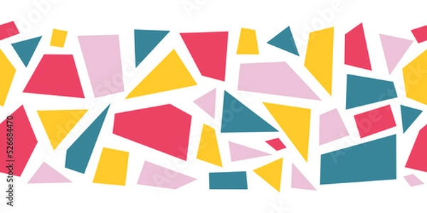 Fototapeta Seamless abstract shapes vector border illustration. Playful repeating children kids fragments pattern horizontal geometric mosaic style. Ribbon trim, footer, header, divider, children decor.