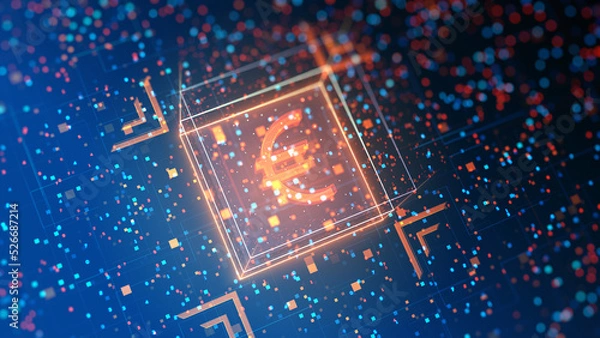 Fototapeta Euro stablecoin currency business and digital money hologram symbol appears on a digital background. Network, cyber technology and computer abstract concept 3d animation.