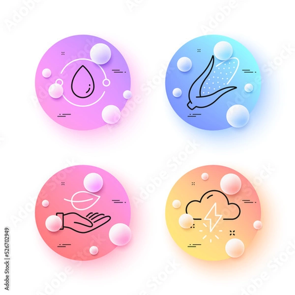 Fototapeta Corn, Thunderstorm weather and Leaf minimal line icons. 3d spheres or balls buttons. Cold-pressed oil icons. For web, application, printing. Fresh vegetable, Thunder bolt, Plant care. Vector