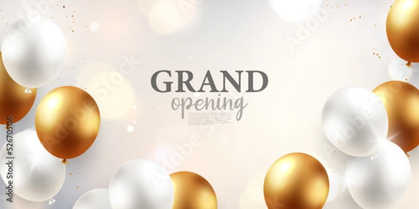 Fototapeta Design your opening card with golden gold balloons with ribbons and confetti. vector illustration business banner template