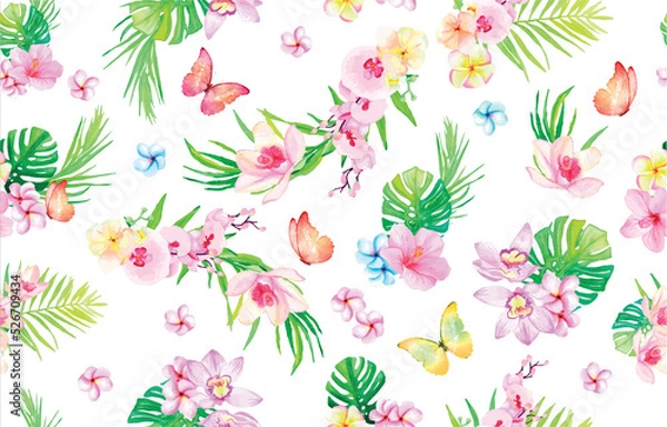 Fototapeta tropical pattern with flowers white