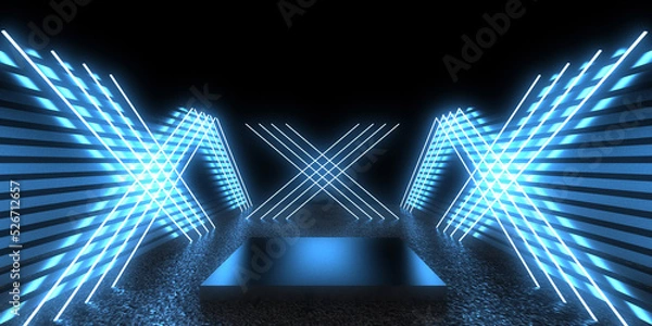 Fototapeta 3D abstract background with neon lights. neon tunnel  .space construction . .3d illustration