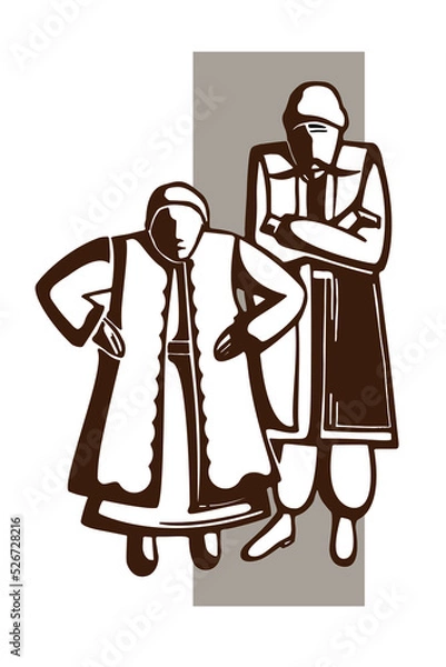 Obraz Stylized grandfather and grandmother in traditional Slavic clothes