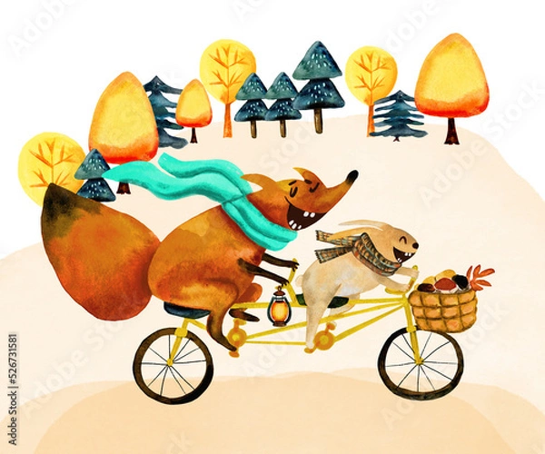 Fototapeta Watercolor autumn illustration, postcard funny characters fox and rabbit, bunny, hare rush in tandem through the autumn forest, on background are autumn trees, funny wild animals, autumn vibes