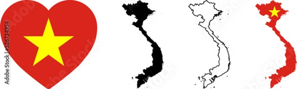 Fototapeta Vietnam Map Flag with heart. Vietnamese outline black silhouette set