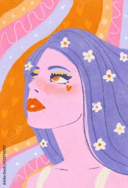 Fototapeta Beautiful girl with flowers in hair in retro style illustration. Hippie female on groovy background. Woman portrait with psychedelic vibes for fashion prints