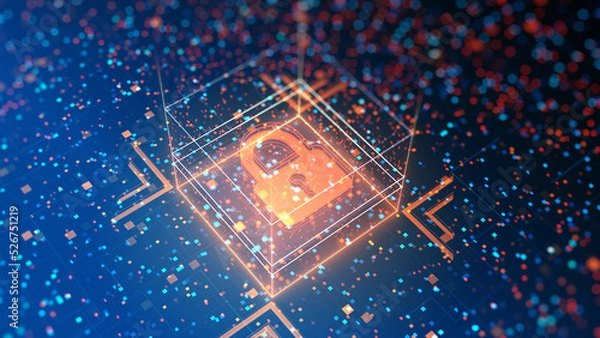 Fototapeta Padlock with Keyhole in data security on Converging point of circuit. Cyber data and information privacy. Future technology security, Network protection and Modern safety digital Concept. 3D rendering
