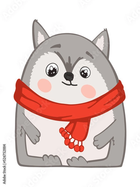 Obraz character colored New Year's festive cat in a scarf animal isolated on a white background vector illustration