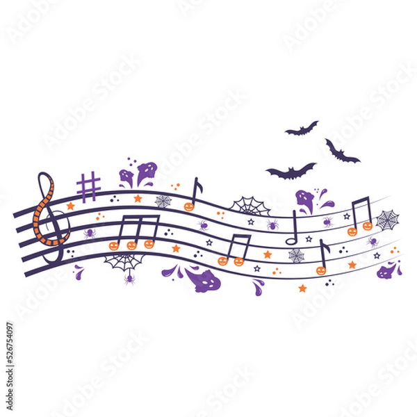 Fototapeta Black spider web with treble clef with pumpkin, bats and notes. Musical Composition at Halloween Party