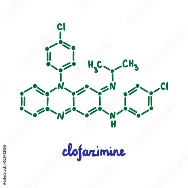 Fototapeta Clofazimine hand drawn vector formula chemical structure lettering blue green