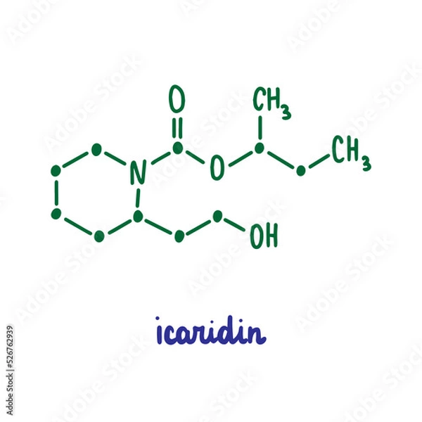 Fototapeta Icaridin hand drawn vector formula chemical structure lettering blue green