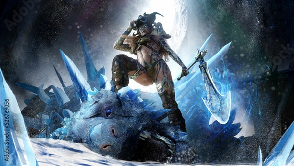Obraz Scandinavian Valkyrie woman stands proudly with her foot on a defeated crystal dragon that has bled blue, she is goddess of war with an axe and a demonic helmet, tattoos on her sexy body. 3d rendering