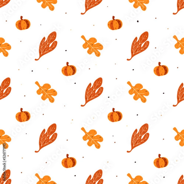 Fototapeta Seamless pattern with autumn leaves and pumpkin. Can be used as seamless patterns for fabric, wrapping paper and home décor 