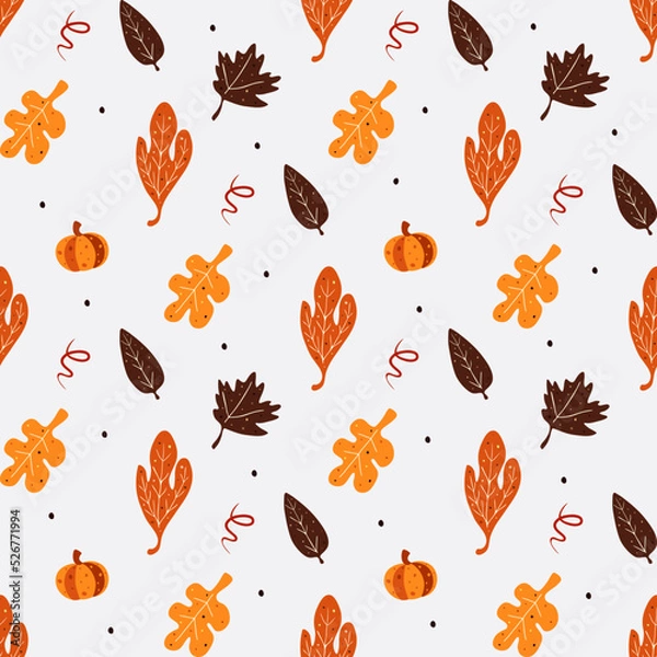 Fototapeta Seamless pattern with pumpkin and different leaves. Could be used as seamless patterns for fabric.