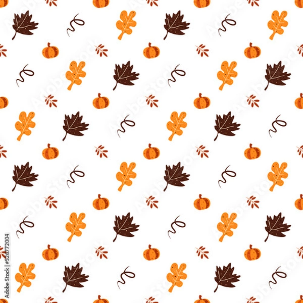 Fototapeta Autumn seamless pattern. Leaves and abstract elements. Great for paper, design of sketchbook, textile, gift wrap. 