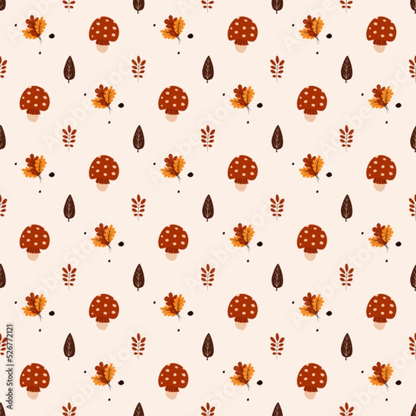 Fototapeta Autumn seamless pattern. Leaves and agaric. Great for paper, design of sketchbook, textile, gift wrap. 