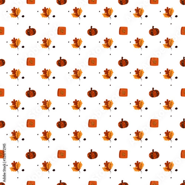 Fototapeta Autumn seamless pattern. Leaves, pumpkins and books. Great for paper, design of sketchbook, textile, gift wrap. 