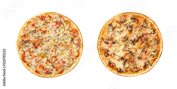 Fototapeta set of 2 types of italian meat pizza: assorty, meat, salami. Pizza for your menu, pizza mockup, isolated pizza	