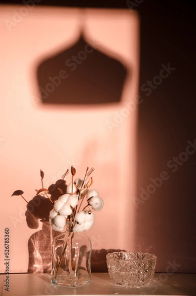 Fototapeta Abstract nature scene with composition of glass and dry branches of cotton. Neutral beige background for cosmetic, beauty product branding, identity and packaging.