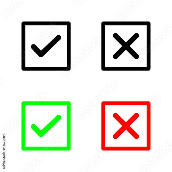 Fototapeta A colection of web button variants: green check mark and red cross. Many options, Vector icons.