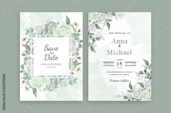 Obraz Set of card with green flower rose and leaves. Wedding ornament concept. Floral poster invitation. Vector decorative greeting card or invitation design background.