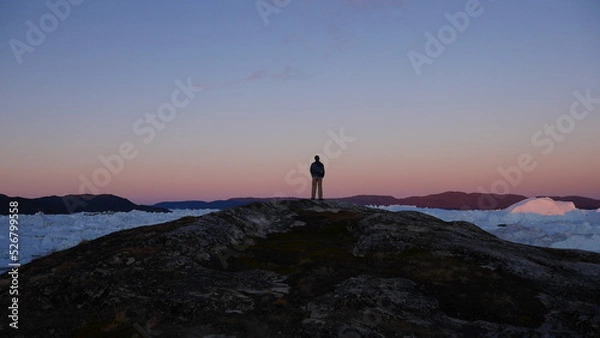 Fototapeta Person standing on cliff overlooking icebergs in Greenland