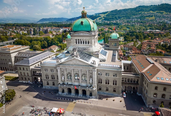 Fototapeta The Swiss Capital Building in Bern. Drone panorama of Swiss Goverment building