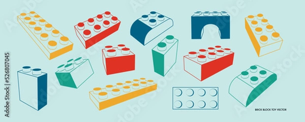 Fototapeta Set of toy brick block in different position. Retro geometric illustration of a construction game. Various items for sale, announcements for children store. Vector flat illustration icon.