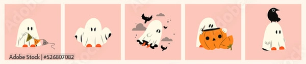 Fototapeta host emotional expression. Halloween phantom with different character. Concept of mystical drawings for decoration. Flat vector illustration isolated on pink background.