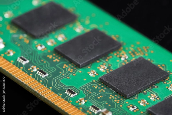 Fototapeta Close-up of Chips on a RAM board for a computer