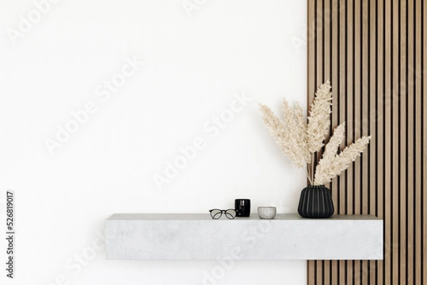 Fototapeta Console concrete table with decor and dried flowers. Hallway in the apartment. Wooden slats on the wall. 3d render