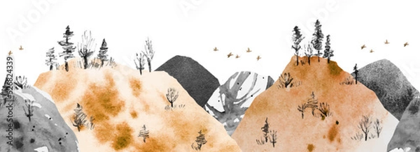 Fototapeta High mountain ranges with trees seamless vector border. Watercolor seamless pattern for textile, wrapping paper, page fill, web design, wallpaper. Collage with watercolor texture and sketch