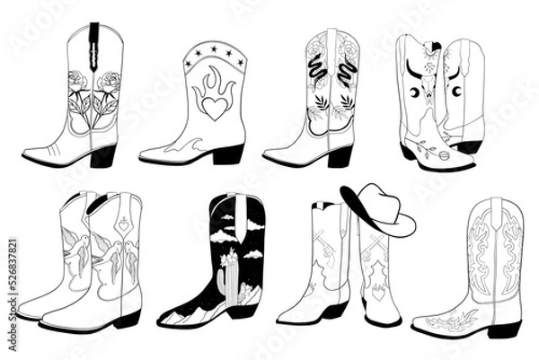 Obraz Set of cowboy boots with different ornaments. Wild West fashion style. Cartoon flat illustrations. Hand drawn vector set