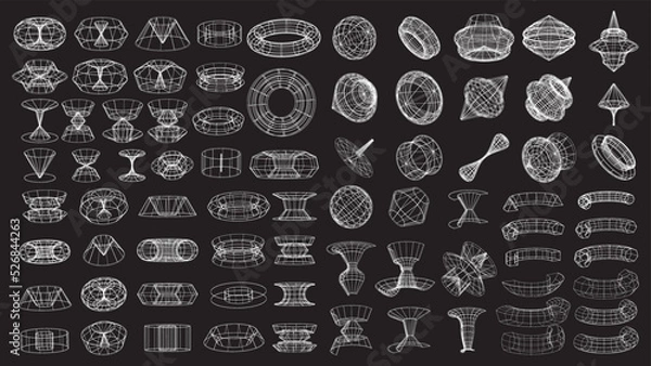 Obraz Set of abstract geometric technology elements in cyberpunk style. Retro vintage collection 3d virtual digital design. Texture 80s vr. Futuristic metaverse pattern. Vector isolated template background