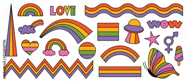 Obraz Set of hipster retro cool rainbow psychedelic elements. A collection of groovy cliparts iridescent from the 70s. editable stroke. Abstract design of cartoon stickers. Trend vector illustration
