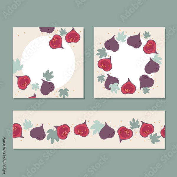 Fototapeta Figs background collection. Seamless horizontal border, two frames with copy space on beige color  background. Frames for design menu, cookbook, card, poster. Fruit design collection.