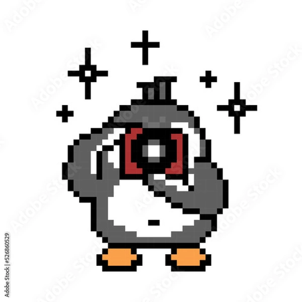 Fototapeta Penguin photographer taking a picture with a camera, pixel art animal character isolated on white background. Old school retro 80s-90s 8 bit slot machine, video game graphics. Cartoon paparazzi mascot