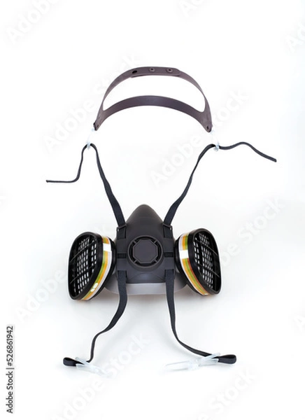 Obraz Reusable half-face elastomeric respirator for air purification with replaceable filters on a white background
