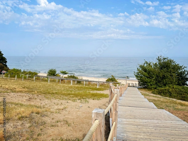 Fototapeta Empty footpath to the beautiful beach on a summer day. Scenic coastal landscape with the ocean in the background. Photo taken at Stenshuvud national park in Skåne, Sweden.