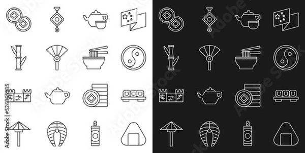 Fototapeta Set line Sushi, on cutting board, Yin Yang, Chinese tea ceremony, or japanese folding fan, Bamboo, Yuan currency and Asian noodles bowl icon. Vector