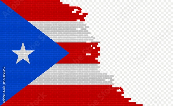 Fototapeta Puerto Rico flag on broken brick wall. Empty flag field of another country. Country comparison. Easy editing and vector in groups.