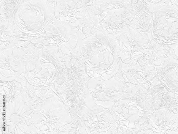 Obraz Relief of ranunculus and carnations. White floral background. 3D illustration. 3D render