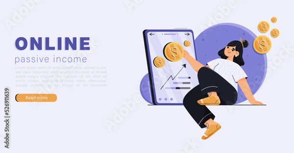 Obraz Online passive income concept. Banner with woman getting coins money through mobile phone, earning or making money concept. Vector illustration in flat cartoon style.
