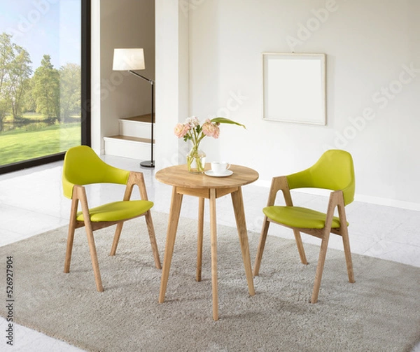 Fototapeta 밝은 거실의 작은 테이블과 연두색 원목 의자